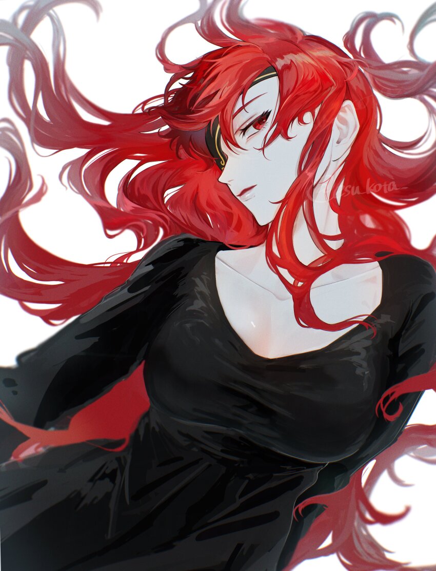 1girl absurdres artist_name black_dress breasts dress esu_kota eyepatch highres hwa_ryun lips long_hair long_sleeves looking_at_viewer lying on_back one_eye_covered original parted_lips red_eyes red_hair solo tower_of_god twitter_username white_background