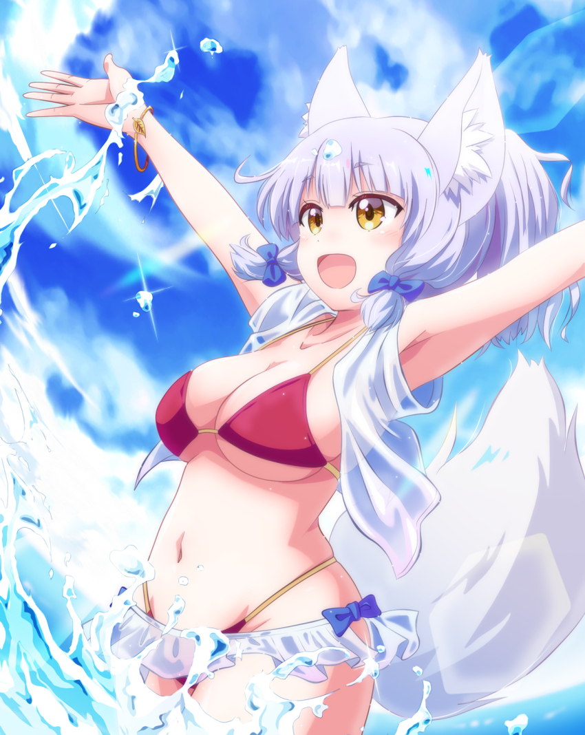 1girl :d animal_ear_fluff animal_ears arm_up armpits bare_arms bikini blue_bow blue_hair blue_sky blunt_bangs blush bow breasts cleavage collarbone commentary_request cowboy_shot day floating_hair fox_ears fox_girl fox_tail groin hair_bow happy highleg highleg_swimsuit highres large_breasts looking_afar machikado_mazoku n88_colpla navel on_head open_mouth outdoors outstretched_arms red_bikini riko_(machikado_mazoku) short_hair sidelocks sky smile solo standing swimsuit tail tail_raised water water_drop yellow_eyes