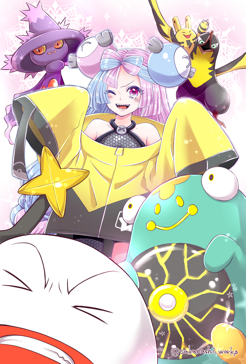 1girl ;d bellibolt blue_hair blush bow-shaped_hair character_hair_ornament commentary_request electrode_(pokemon) elekid gen_2_pokemon gen_4_pokemon grey_shirt hair_ornament highres iono_(pokemon) jacket kilowattrel long_hair long_sleeves mismagius multicolored_hair nintendo one_eye_closed open_mouth pink_hair pokemon pokemon_(creature) pokemon_sv sakanashiworks shirt sleeveless sleeveless_shirt sleeves_past_fingers sleeves_past_wrists smile teeth two-tone_hair yellow_jacket
