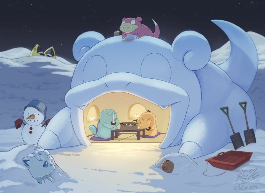 alolan_form alolan_vulpix candlelight full_body gen_1_pokemon gen_2_pokemon gen_3_pokemon gen_7_pokemon hotpot igloo looking_afar looking_at_another lying night night_sky nintendo no_humans outdoors pokemon pokemon_(creature) psyduck quagsire shovel signature sitting sky slowpoke snorunt snow snow_shelter snowman swinub table tatami tatsumi_(panneko) twitter_username winter