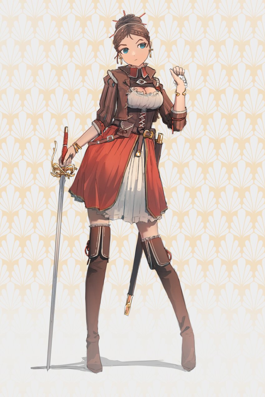 1girl absurdres blue_eyes boots bracelet braid braided_bangs breasts brown_boots brown_hair brown_jacket cleavage closed_mouth corset earrings full_body hair_bun highres holding holding_sword holding_weapon jacket jewelry notfuji open_clothes open_jacket original pearl_bracelet print_background rapier red_skirt sheath single_hair_bun skirt solo sword thigh_boots underbust weapon