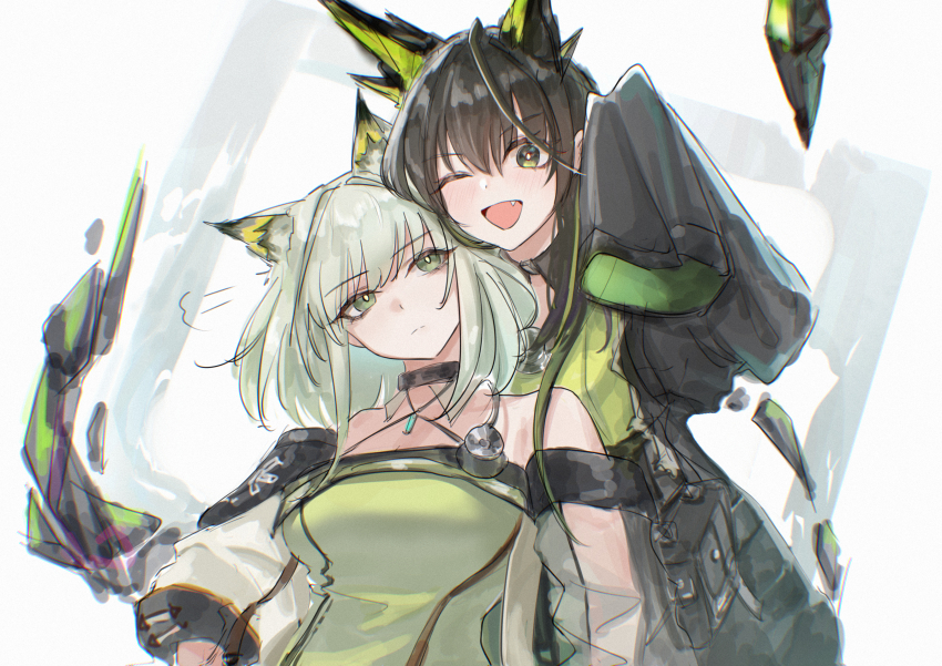 2girls ;d absurdres ahoge animal_ear_fluff animal_ears arknights bare_shoulders black_choker black_coat black_hair blush breasts c113oreo cat_ears choker cleavage coat dated_commentary dress extra_ears fang green_dress green_eyes green_hair highres kal&#039;tsit_(arknights) long_hair long_sleeves looking_at_viewer medium_breasts mon3tr_(arknights) multiple_girls one_eye_closed open_clothes open_coat open_mouth see-through_clothes see-through_sleeves short_hair sleeves_past_fingers sleeves_past_wrists smile stethoscope tail