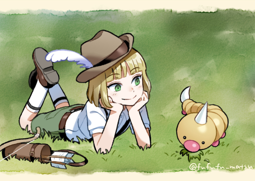 1boy aged_down arrow_(projectile) blonde_hair bow_(weapon) child commentary_request funuyu gen_1_pokemon grass green_background green_eyes green_shorts hat hat_feather lying male_focus on_stomach outdoors quiver rook_hunt shirt short_hair shorts smile solo suspenders twisted_wonderland weapon weedle white_shirt