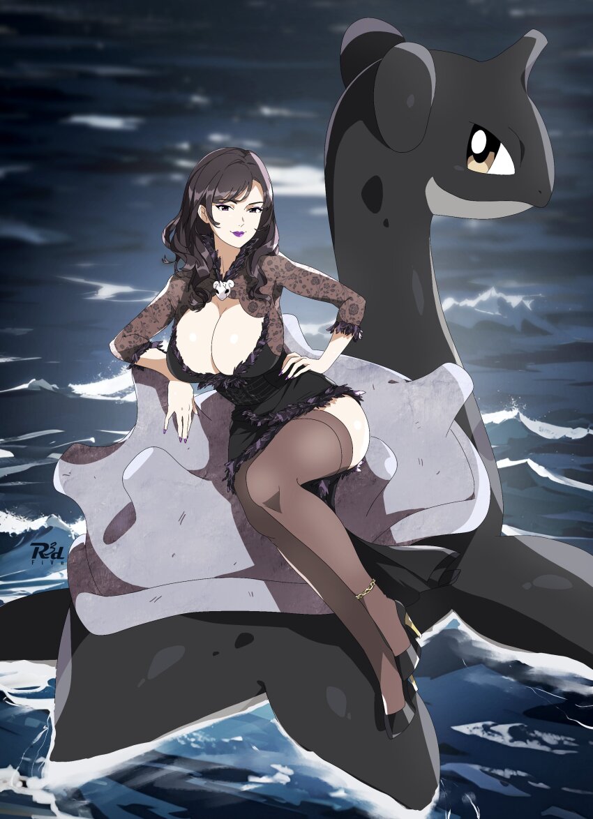 1girl absurdres alternate_color anklet artist_name black_dress black_footwear black_hair breasts brown_eyes cleavage commentary commission dress eyeshadow feather-trimmed_dress gen_1_pokemon hand_on_own_hip high_heels highres horns jewelry lapras large_breasts lipstick long_hair looking_at_viewer makeup mascara nintendo original pokemon pokemon_(creature) purple_lips purple_nails r3dfive shell single_horn solo thighhighs water