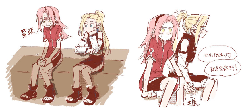 2girls 79x_(ox79xo) bandaged_torso bare_shoulders black_shorts blonde_hair blue_eyes closed_mouth detached_sleeves dress green_eyes haruno_sakura highres holding_hands long_hair long_sleeves multiple_girls multiple_views naruto_(classic) naruto_(series) open-toe_shoes pink_hair ponytail red_dress short_sleeves shorts sitting speech_bubble sweatdrop translation_request white_background yamanaka_ino yuri