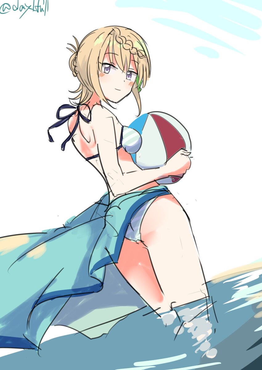 1girl absurdres ball beachball bikini blonde_hair braid braided_bun dutch_angle from_behind green_bikini green_sarong hair_bun highres kantai_collection long_hair looking_at_viewer looking_back official_alternate_costume one-hour_drawing_challenge perth_(kancolle) perth_(swimsuit)_(kancolle) purple_eyes robinson_(day_l_full) sarong solo striped_bikini striped_clothes swimsuit wading