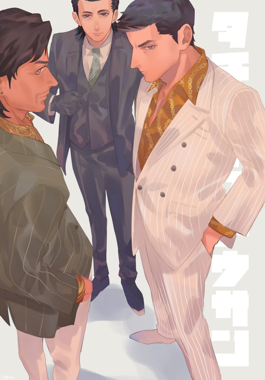 1980s_(style) absurdres black_gloves black_jacket black_pants blue_eyes brown_hair chain_print facial_hair formal_clothes gloves green_neckwear highres irei_yukitoshi jacket kiryu_kazuma male_focus necktie oda_jun oldschool orange_shirt pants retro_artstyle ryuu_ga_gotoku_(series) ryuu_ga_gotoku_0 sega shirt suit tachibana_tetsu vest white_footwear white_jacket white_pants white_suit