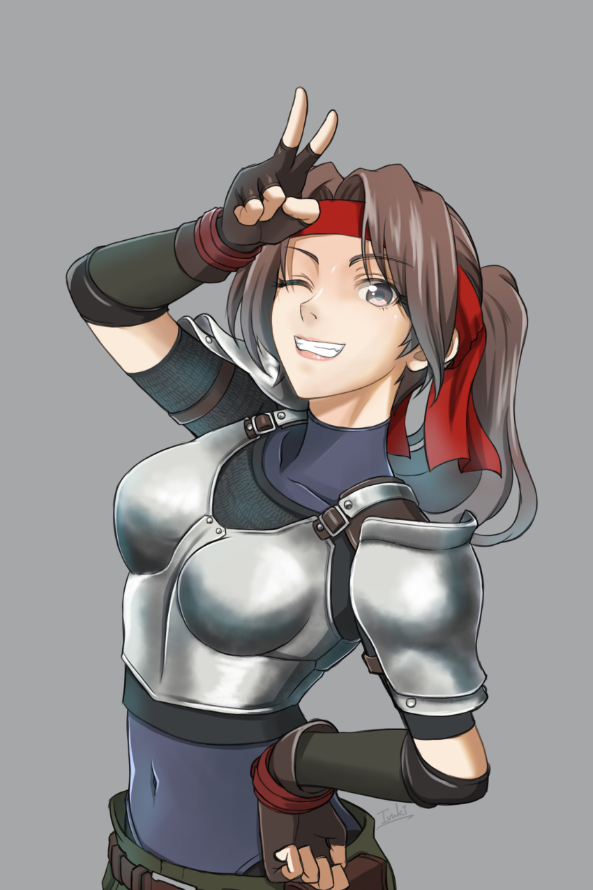 absurdres armor black_gloves breastplate breasts brown_eyes brown_hair detached_sleeves elbow_pads final_fantasy final_fantasy_vii final_fantasy_vii_remake gloves hair_ribbon headband highres ivuki jessie_rasberry leotard leotard_under_clothes medium_breasts navel one_eye_closed ponytail red_headband ribbon smile standing
