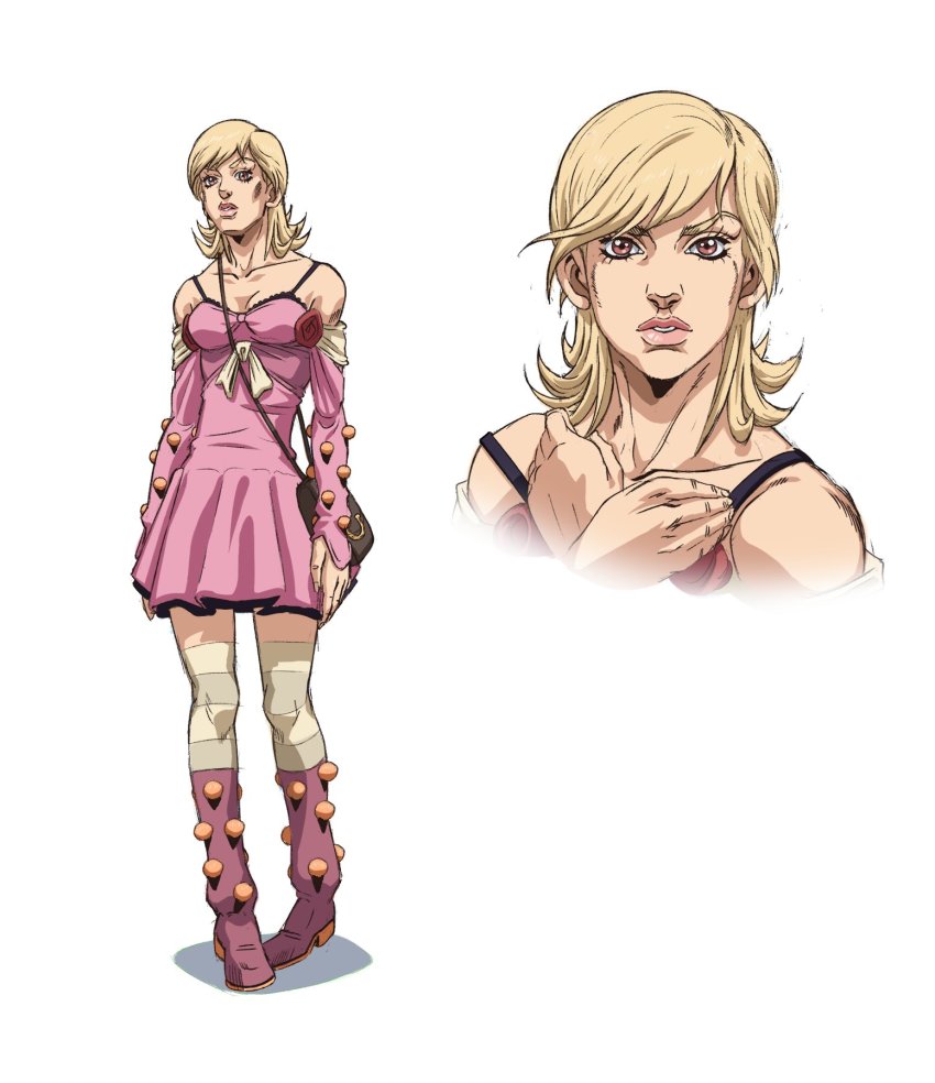 1girl araki_hirohiko_(style) bag bare_shoulders blonde_hair boots bow breasts brown_eyes dress grandguerrilla grey_thighhighs highres jojo_no_kimyou_na_bouken looking_at_viewer lucy_steel medium_breasts medium_hair official_style parted_lips pink_boots pink_dress shoulder_bag simple_background solo steel_ball_run striped_clothes striped_thighhighs thighhighs white_background white_bow