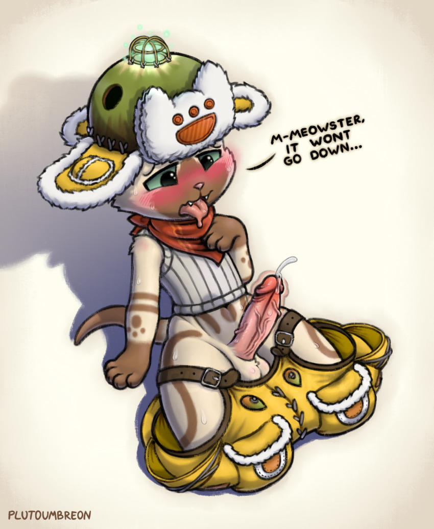 1boy animal_hands aroused artist_name blush body_fur breath capcom cat_tail clothes_pull coconut cum dripping drooling ejaculation embarrassed english_text erection fangs felyne food fruit fur_hat furry furry_male green_eyes handkerchief hat headgear highres hunter in_heat jacket kneeling lamp lantern leaning leaning_back looking_at_penis looking_down male_focus markings monster_hunter_(series) monster_hunter_wilds multicolored_fur nose_blush open_mouth orange_scarf overalls pain palico heavy_breathing penis plant plutoumbreon pocket precum red_scarf saliva scarf shy signature simple_background solo sweat sweatdrop tail talking teeth testicles thick_thighs thighs tongue tongue_out uncensored veins veiny_penis vest wide_hips