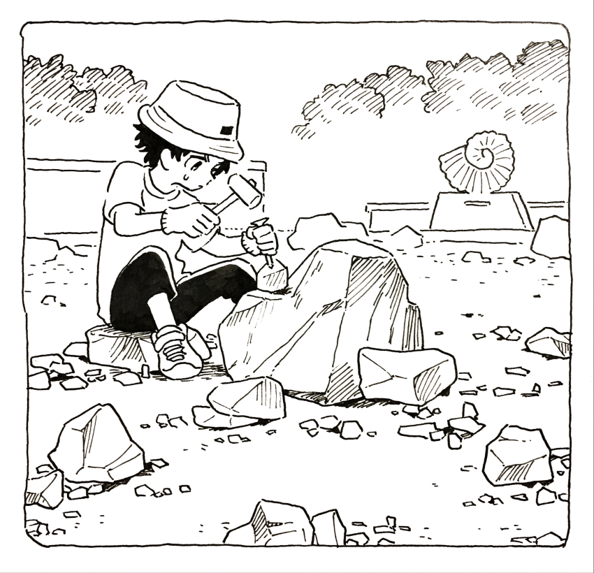 1boy closed_mouth commentary_request gloves greyscale hammer hat helix_fossil highres holding holding_hammer male_focus monochrome muji_(uimss) original outdoors pants rock shirt shoes short_hair short_sleeves sneakers solo sweat