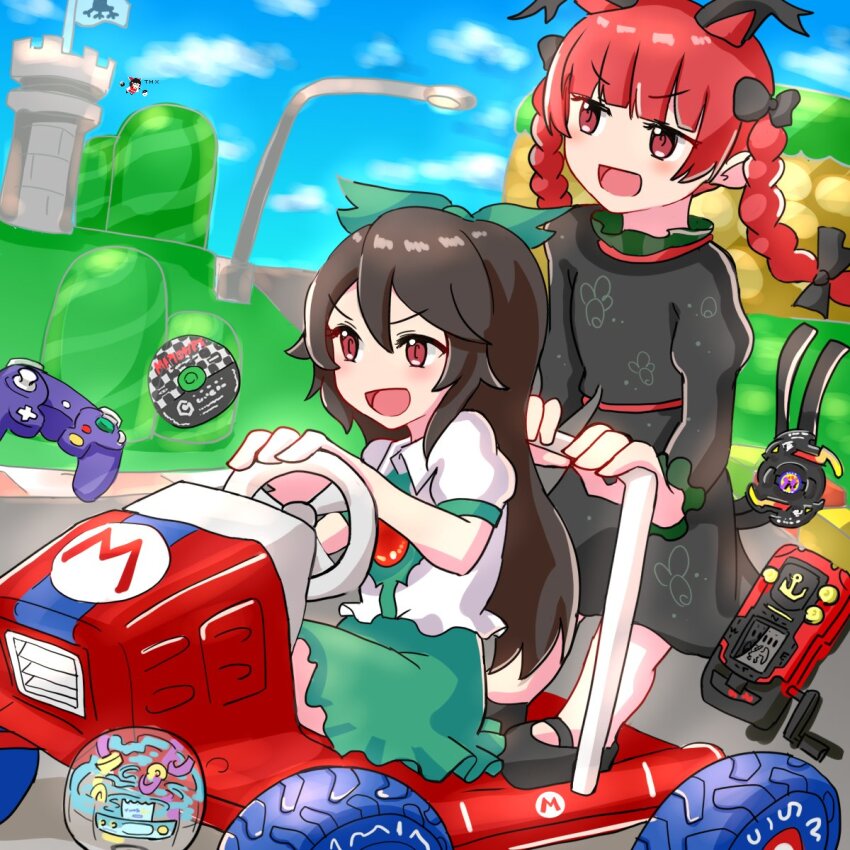 3girls _double_dash!! animal_ears beyblade black_dress black_footwear black_hair bow braid cat_ears cat_girl cat_tail commentary_request disc dress extra_ears game_console gamecube gamecube_controller green_bow green_skirt hair_bow hakurei_reimu highres kaenbyou_rin kappy745 long_hair mario_(series) mario_k mario_kart medium_hair multiple_girls multiple_tails nintendo outdoors red_eyes red_hair reiuji_utsuho shirt side_braids skirt tail third_eye touhou twin_braids two_tails v-shaped_eyebrows white_shirt
