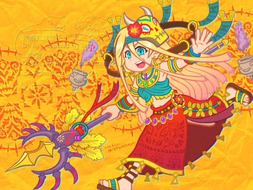 180banyasuri 1girl aztec blonde_hair earrings full_body holding holding_staff jewelry kimaris_(megido72) long_hair looking_at_viewer mask mask_on_head megido72 midriff navel red_skirt running sandals signature skirt solo staff teeth upper_teeth_only very_long_hair watermark yellow_background
