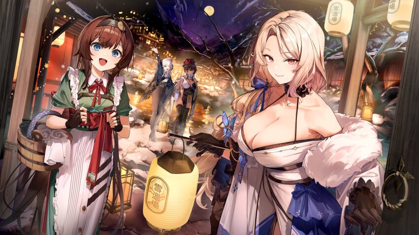 4girls 7gao blanc_(nikke) blanc_(white_rabbit)_(nikke) blonde_hair blue_eyes brown_hair dress fur-trimmed_kimono fur_trim goddess_of_victory:_nikke green_dress highres japanese_clothes kimono lantern ludmilla_(nikke) ludmilla_(winter_owner)_(nikke) mica_(nikke) mica_(snow_buddy)_(nikke) multiple_girls noir_(black_rabbit)_(nikke) noir_(nikke) official_art official_wallpaper onsen pantyhose white_hair white_kimono