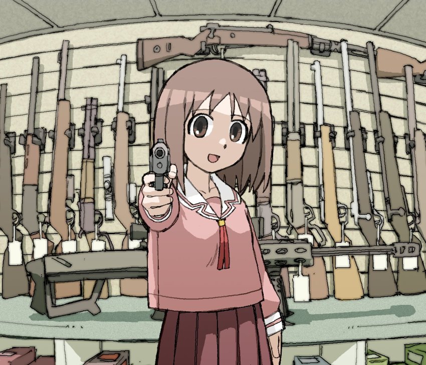 1girl aiming aiming_at_viewer ammunition_box anti-materiel_rifle armory azumanga_daioh&#039;s_school_uniform azumanga_daiou barrett_m82 battle_rifle bolt_action brown_eyes brown_hair finger_on_trigger gun handgun holding holding_gun holding_weapon kasuga_ayumu lever_action long_hair long_sleeves looking_at_viewer mauser_98 open_mouth pantsu-ripper remington_model_700 rifle school_uniform scope serafuku shop skirt smile sniper_rifle solo weapon