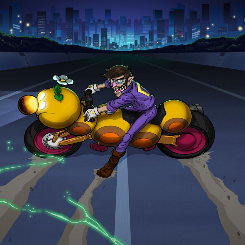 1boy adapted_costume akira_(manga) akira_slide aoki_fumihide boots brown_boots brown_hair building city commentary cosplay cropped dark facial_hair fold-over_boots full_body gloves glowing highres highway jacket kaneda_shoutarou_(akira) kaneda_shoutarou_(akira)_(cosplay) knee_pads letterboxed looking_at_viewer male_focus mario_(series) mario_kart mario_kart_8 motor_vehicle motorcycle night night_sky nintendo no_headwear open_mouth outdoors pants parody purple_jacket purple_pants sharp_teeth short_hair sky sleeves_rolled_up smile solo swept_bangs teeth waluigi white_gloves wiggler wild_wiggler