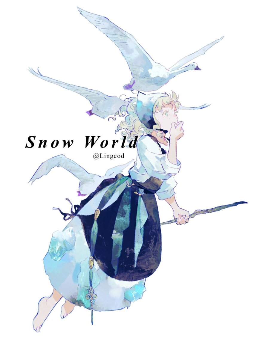 1girl animal apron aqua_eyes artist_name barefoot bird black_apron blonde_hair blue_headwear chin_strap colored_eyelashes curly_hair dress english_text flying freckles full_body green_ribbon hand_to_own_mouth hand_up headdress highres holding holding_wand ice jewelry lingcod_dayu long_sleeves looking_ahead medium_hair original ribbon ringlets sash simple_background sleeves_rolled_up swan wand whistling white_background white_dress witch