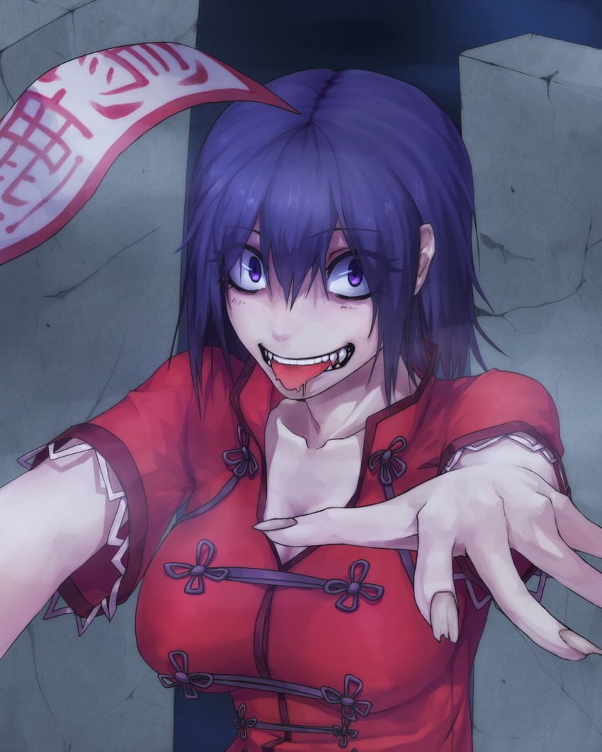 1girl :p blondy_(ldlong) breasts broken_fingernails chinese_clothes covered_erect_nipples fangs female_focus fingernails fog hair_between_eyes highres jiangshi large_breasts looking_at_viewer miyako_yoshika no_headwear ofuda ofuda_removed open_mouth outstretched_arms purple_eyes purple_hair short_sleeves solo teeth tombstone tongue tongue_out touhou zombie_pose