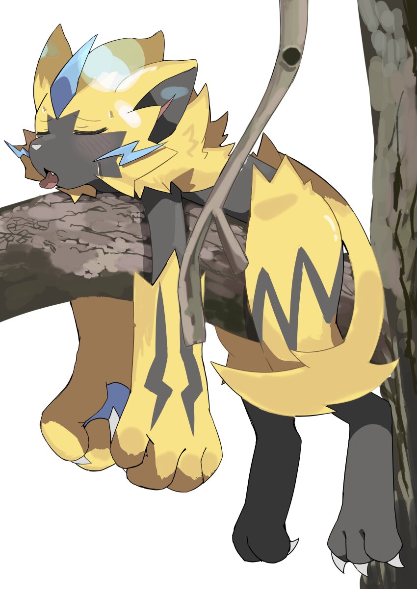 absurdres animal_ears aya_tsuji blush branch claws closed_eyes commentary_request fang gen_7_pokemon highres legendary_pokemon mythical_pokemon nintendo no_humans on_tree open_mouth pawpads pokemon pokemon_(creature) sweat tail tongue tongue_out whiskers white_background zeraora