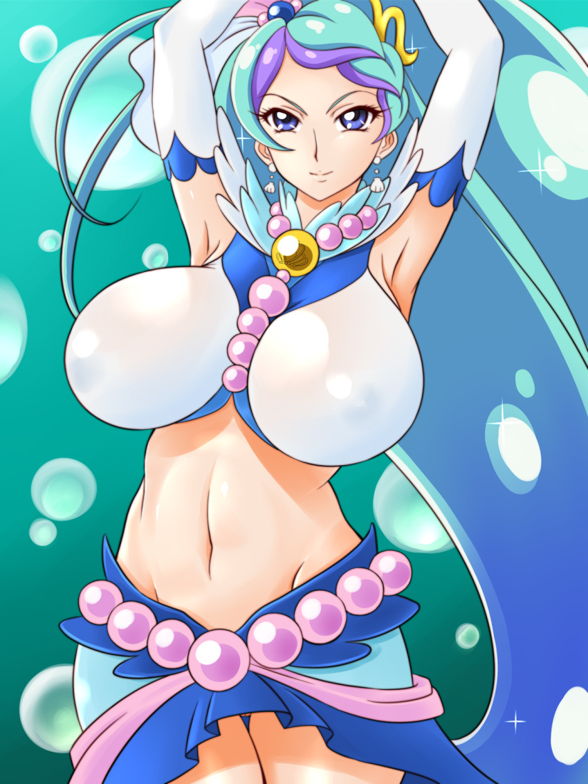 1girl armpits arms_up bare_shoulders blue_hair breasts cleavage commentary_request cure_mermaid elbow_gloves gloves go!_princess_precure groin highres huge_breasts kaidou_minami lento_(glamour_works) long_hair magical_girl midriff navel ponytail precure revision solo thighs very_long_hair white_gloves
