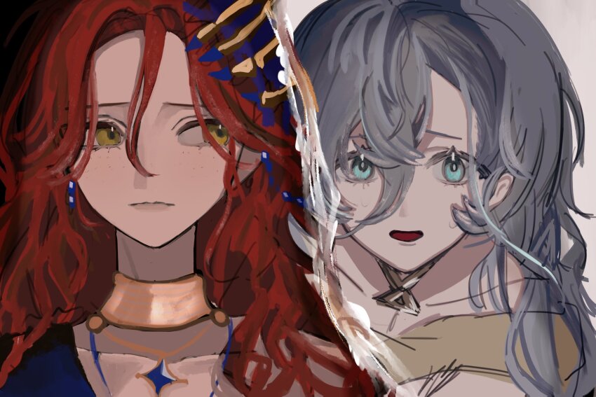 2girls 37_(reverse:1999) black_background blue_eyes blue_hair closed_mouth gold_choker grey_background hair_between_eyes hair_ornament highres long_hair looking_to_the_side multiple_girls open_mouth portrait red_hair reverse:1999 sophia_(manus_vindictae)_(reverse:1999) sophia_(reverse:1999) susugi_(susug1_1) two-tone_background