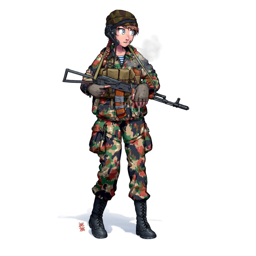 1girl absurdres ammunition_pouch assault_rifle bandaid beanie black_boots blowing_smoke blue_eyes boots braid braided_ponytail brown_hair camouflage camouflage_headwear camouflage_jacket camouflage_pants cigarette combat_boots commentary english_commentary fingerless_gloves folding_stock full_body gloves gun gun_sling hair_over_shoulder hat headphones headset highres holding holding_cigarette holding_gun holding_weapon jacket kalashnikov_rifle lace-up_boots load_bearing_vest long_hair long_sleeves looking_to_the_side military military_combat_uniform military_uniform open_mouth original ostwindprojekt pants paratrooper partially_unzipped pouch rifle russia scar scar_on_face scar_on_nose shirt simple_background single_braid smoke smoking soldier solo soviet soviet_air_force soviet_army standing striped_clothes striped_shirt telnyashka trigger_discipline vdv weapon weapon_request white_background zipper