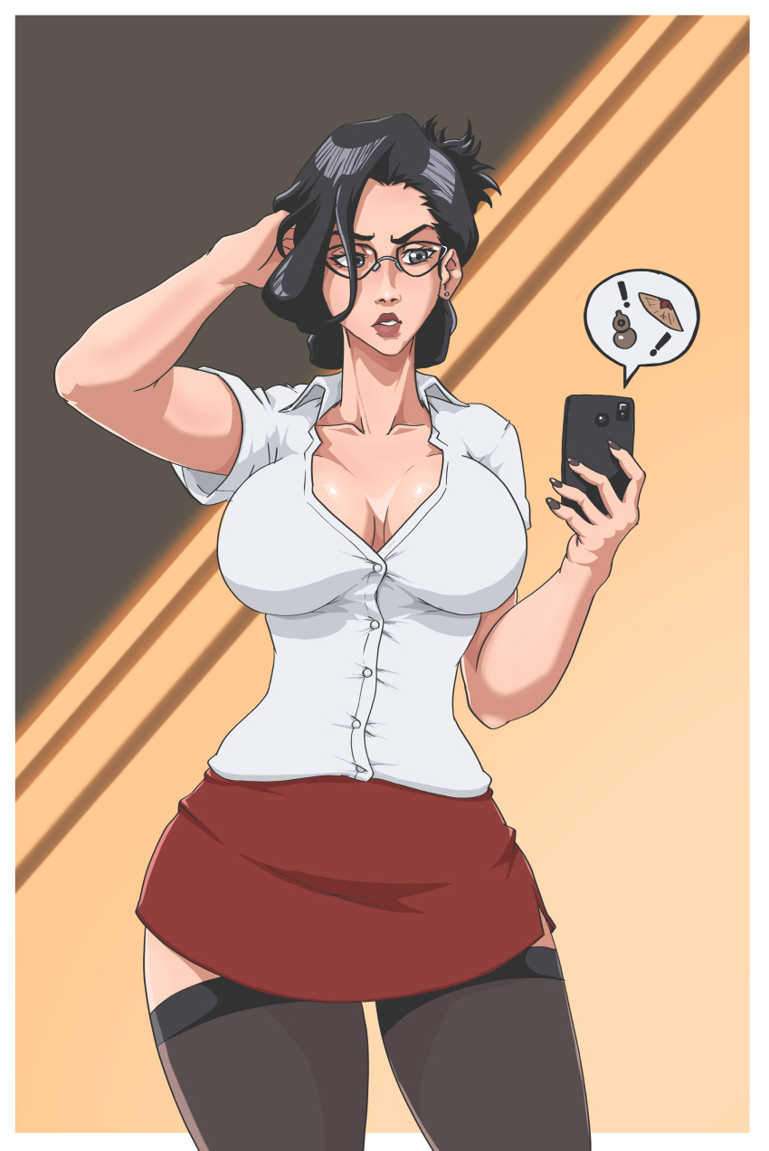 1girl agrothewanderer arm_behind_head black_hair black_thighhighs bleach blouse border breasts collarbone female_focus glasses holding holding_phone ise_nanao large_breasts medium_hair phone secretary shirt simple_background skirt thighhighs white_border