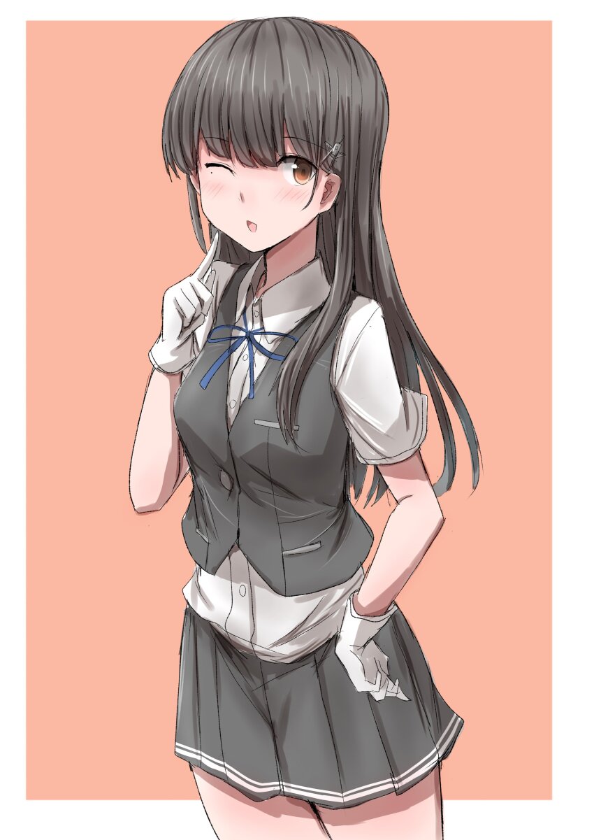 1girl absurdres black_hair black_skirt black_vest blue_ribbon collared_shirt cowboy_shot dress_shirt gloves hayashio_(kancolle) hayashio_kai_ni_(kancolle) highres kamaboko_senshi kantai_collection long_hair looking_at_viewer mole mole_under_eye neck_ribbon one_eye_closed pleated_skirt pointing pointing_at_self red_eyes ribbon school_uniform shirt skirt solo vest white_gloves white_shirt