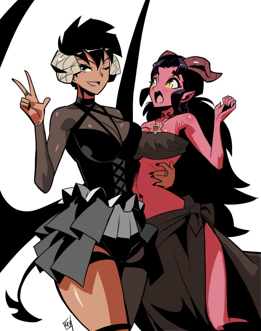 absurdres arm_around_waist asymmetrical_docking bare_shoulders black_dress black_hair braid breast_press breasts casual choker clothing_cutout collar colored_skin crop_top dahlia_(day_of_wrath) day_of_wrath_(infinitypilot) demon demon_girl demon_horns doom_(series) doom_eternal dress embarrassed frilled_skirt frills grabbing hand_on_another&#039;s_waist hexagram highres holding holding_waist horns jewelry kukuruyo long_hair long_skirt looking_at_viewer medium_breasts midriff necklace open_mouth original pentagram raised_eyebrows red_skin see-through_clothes see-through_shirt servant short_hair shy skirt slave smile standing star_of_david strapless succubus-chan_(kukuruyo) surprised thigh_cutout tiefling transparent tube_top w yellow_eyes