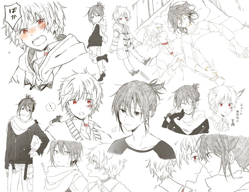 ! 2boys absurdres akubi_sign animal animal_on_shoulder annoyed blanket blush body_markings boots chibi closed_eyes closed_mouth collared_shirt facing_another facing_viewer gloves hair_between_eyes hand_on_own_hip head_tilt highres holding_hands jacket light_smile long_sleeves looking_at_another looking_at_viewer looking_to_the_side male_focus medium_hair mouse_(animal) multiple_boys multiple_views nezumi_(no.6) no.6 noses_touching on_bed open_mouth pants parted_lips pocket ponytail puff_of_air red_eyes scarf shion_(no.6) shirt short_hair short_ponytail sketch sleeping smile speech_bubble spoken_exclamation_mark spot_color surprised talking tears teeth upper_teeth_only vest