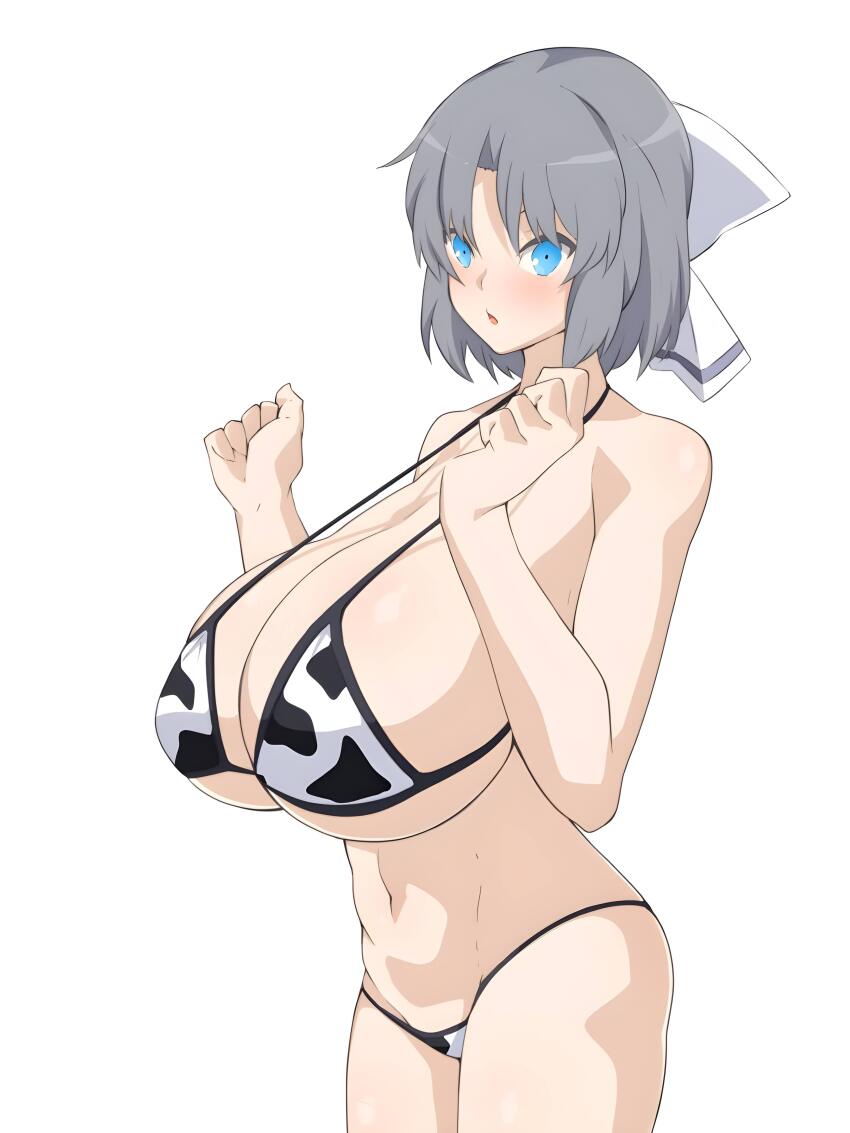 1girl absurdres animal_print bikini blue_eyes blush breasts cow_print grey_hair hair_ribbon highres huge_breasts looking_at_viewer nanashi_maru navel ribbon sagging_breasts senran_kagura short_hair swimsuit yumi_(senran_kagura)
