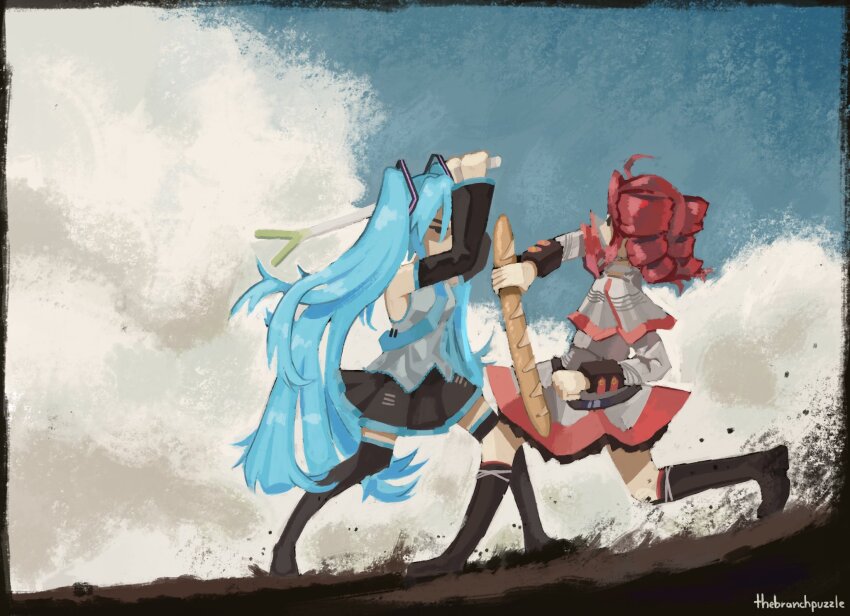 2girls ahoge artist_name baguette black_skirt black_sleeves black_socks black_thighhighs blue_hair blue_necktie blue_trim branchpuzzle bread clenched_hand day detached_sleeves drill_hair eye_contact food frilled_skirt frills full_body grey_jacket grey_shirt grey_skirt hashtag-only_commentary hatsune_miku highres holding holding_food holding_vegetable holding_weapon jacket kasane_teto kasane_teto_(sv) kneehighs long_hair long_sleeves looking_at_another multiple_girls necktie outdoors parody pleated_skirt red_hair red_trim shirt shoulder_boards skirt sleeveless sleeveless_shirt socks spring_onion striped_clothes striped_jacket synthesizer_v thighhighs twin_drills twintails utau v-shaped_eyebrows vegetable very_long_hair vocaloid weapon zettai_ryouiki