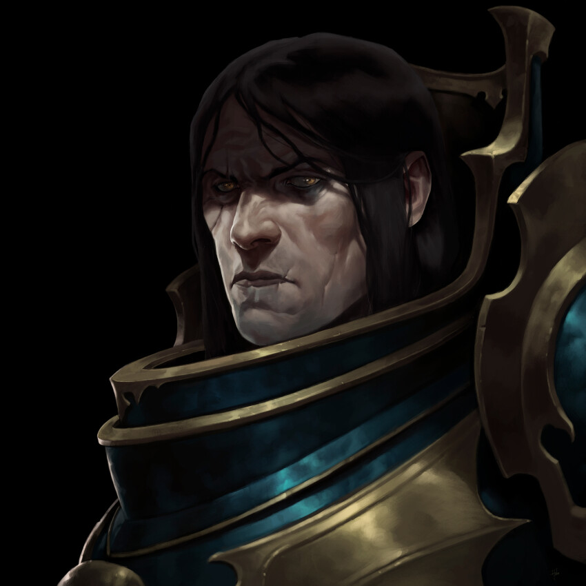 absurdres adrian4rt armor bags_under_eyes bat_wings black_background black_hair blue_armor gold_armor highres imperium_of_man konrad_curze male_focus night_lords pale_skin power_armor primarch scar semi_realisim simple_background straight_hair warhammer_40k wings yellow_eyes