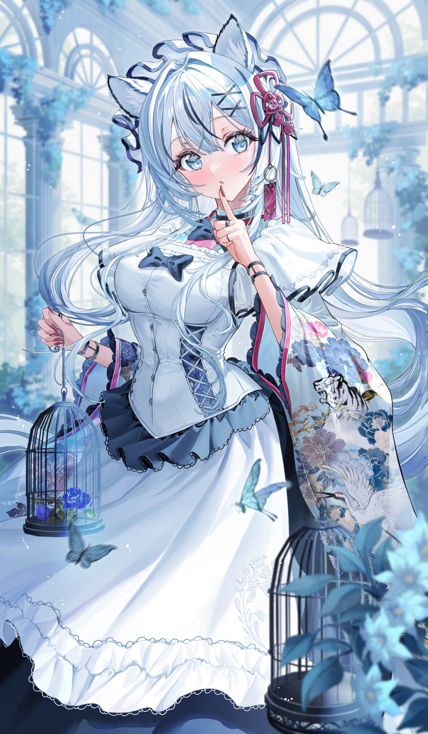 00nanona 1girl absurdres animal_ears apron black_dress black_skirt blue_eyes blurry blurry_background blush breasts bug butterfly cage corset dress flower grey_hair hair_ornament hairclip highres holding holding_cage insect jewelry large_breasts long_hair long_sleeves looking_at_viewer nail_polish original print_shirt red_nails ring shirt skirt solo white_apron white_shirt wide_sleeves
