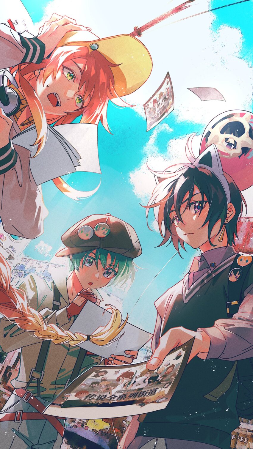 3boys alternate_costume animal_ears asbel_lhant badge balloon baseball_cap belt beret black_hair black_vest blue_eyes button_badge casual cat_ears city collared_shirt cress_albane earrings emil_castagnier emilliomagnus fake_animal_ears fingerless_gloves gloves green_eyes green_hair green_shirt grey_pants hair_between_eyes hat headphones headphones_around_neck highres jacket jewelry judas_(tales) jude_mathis kyle_dunamis leon_magnus light_particles lloyd_irving long_hair long_sleeves looking_at_object looking_at_viewer ludger_will_kresnik luke_fon_fabre male_focus milla_maxwell multiple_belts multiple_boys open_mouth pants photo_(object) purple_eyes purple_shirt reaching reaching_towards_viewer red_gloves red_hair ruca_milda rutee_katrea senel_coolidge shirt shirt_tucked_in short_hair sidelocks sorey_(tales) spada_belforma stahn_aileron striped_clothes striped_shirt suspenders tales_of_(series) tales_of_arise tales_of_berseria tales_of_destiny tales_of_destiny_2 tales_of_eternia tales_of_graces tales_of_innocence tales_of_legendia tales_of_phantasia tales_of_rebirth tales_of_symphonia tales_of_symphonia:_dawn_of_the_new_world tales_of_the_abyss tales_of_vesperia tales_of_xillia tales_of_xillia_2 tales_of_zestiria untucked_shirt velvet_crowe vest white_jacket wind yellow_shirt yuri_lowell