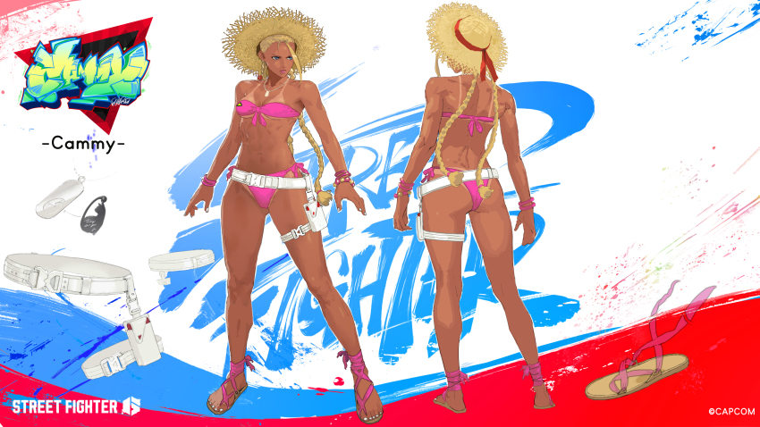 1girl absurdres artist_request ass belt bikini blonde_hair bracelet braid cammy_white character_name curvy full_body hat highres jewelry loose_belt multiple_views official_alternate_costume official_alternate_hairstyle official_art parted_lips pink_bikini reference_sheet side-tie_bikini_bottom solo strapless strapless_bikini straw_hat street_fighter street_fighter_6 swimsuit tan tanline twin_braids wide_hips
