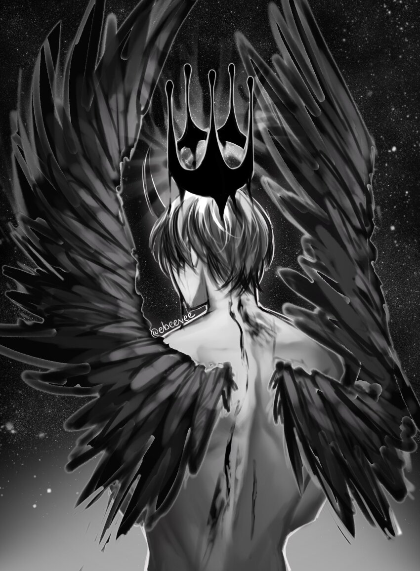 1boy black_hair black_wings bleeding blood blood_from_neck crown demon_horns evie_(baoxiao) facing_away feathered_wings floating_crown from_behind greyscale highres horns kim_dokja male_focus monochrome no_shirt official_alternate_costume omniscient_reader&#039;s_viewpoint short_hair sky solo star_(sky) starry_sky upper_body wings