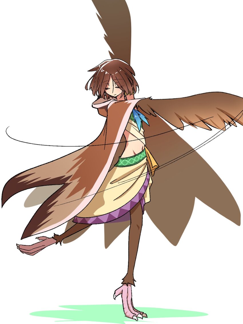 1girl bird_legs brown_cloak brown_feathers brown_hair brown_wings chirp_(mon-musu_quest!) cloak closed_eyes commentary_request dancing feathered_wings feathers harpy highres hood hood_down midriff mon-musu_quest! monster_girl navel r_nanahosi short_hair skirt smile solo standing standing_on_one_leg talons white_background winged_arms wings