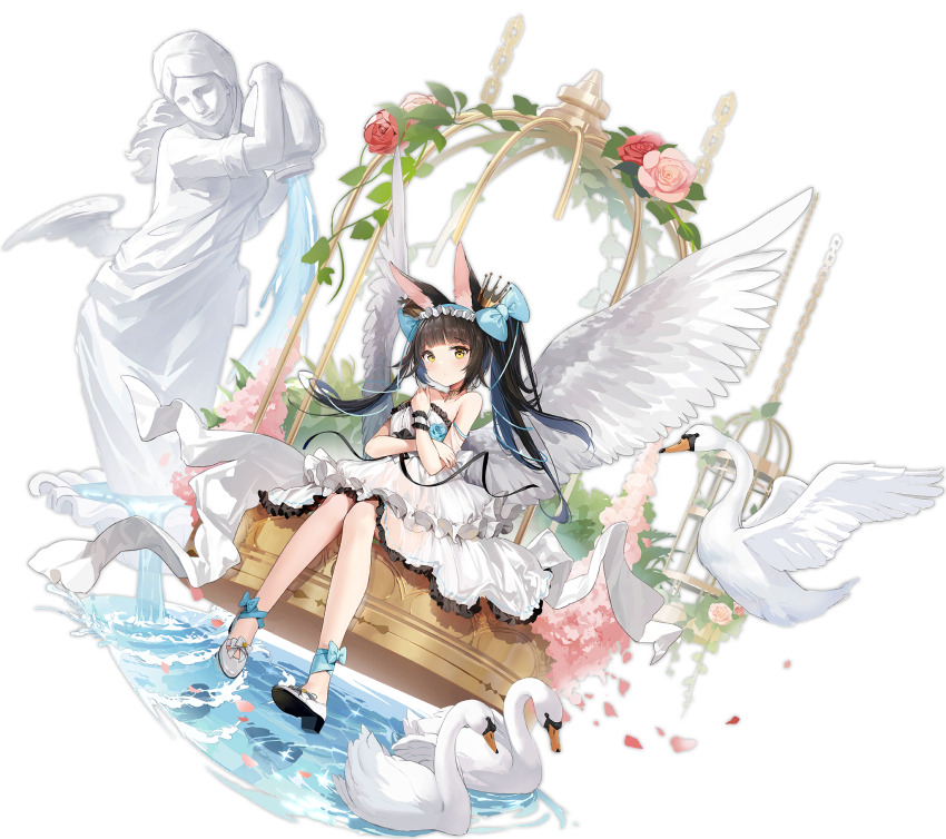 1girl alisa_(kuro_no_sakura) angel_wings animal animal_ear_fluff animal_ears azur_lane bare_shoulders bell bird birdcage black_hair blue_bow blunt_bangs blush bow breasts cage closed_mouth collarbone crossed_arms crown dress evening_gown feathered_wings flower fountain fox_ears frills full_body hair_bow hair_ornament highres knees_together_feet_apart long_hair looking_at_viewer mini_crown nagato_(azur_lane) nagato_(guardian_fox&#039;s_procession)_(azur_lane) non-web_source official_alternate_costume official_art petals pink_flower pink_rose ribbon rose see-through_silhouette shoes simple_background sitting smile solo statue strapless strapless_dress transparent_background twintails water white_dress white_shoes white_wings wings yellow_eyes