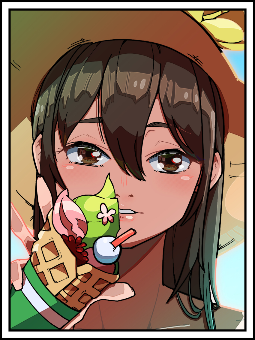 1girl 2049_(hh5566) arm_at_side bare_shoulders brown_eyes brown_hair clenched_hand collarbone crepe dress eyebrows_hidden_by_hair facing_viewer female_focus flower food hair_between_eyes hand_up hat hat_flower highres holding holding_food index_finger_raised light_blush light_smile lips long_hair looking_at_viewer matching_hair/eyes neck nintendo npc_trainer outdoors parted_lips pokemon pokemon_sm portrait sidelocks sightseer_(pokemon) standing strapless strapless_dress sun_hat sundress upper_body