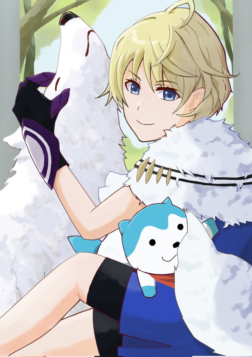 1girl 2others ahoge blonde_hair blue_eyes blue_fur capelet fake_tail fire_emblem fire_emblem_engage fur_capelet highres merrin_(fire_emblem) multiple_others nintendo short_hair sommie_(fire_emblem) strixinkagoshim tail white_fur wolf wolf_tail