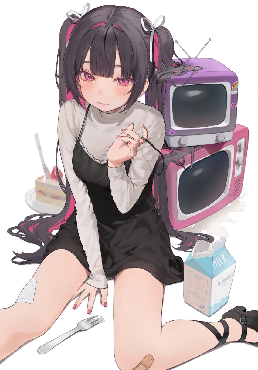 1girl bandaid bandaid_on_leg black_dress black_footwear blush cake closed_mouth colored_inner_hair commentary crt dress food fork grey_shirt hair_ribbon hair_spread_out hamunezuko_(nezukonezu32) hand_up highres knife long_hair long_sleeves looking_at_viewer milk_carton multicolored_hair nail_polish original pinafore_dress pink_eyes pink_hair pink_nails ribbon shirt sleeveless sleeveless_dress solo strap_slip symbol-only_commentary twintails white_background white_ribbon