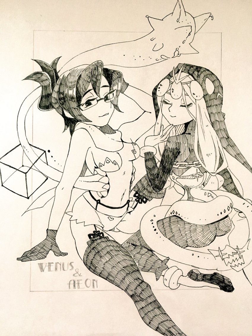 2girls aeon_(skullgirls) anklet ass black_hair bracelet capri_pants character_name closed_eyes extra_mouth folded_ponytail garter_belt glasses hand_on_own_chin headdress highres hood hourglass jewelry leggings monochrome multiple_girls navel pants pasties scarf semi-rimless_eyewear sepia siblings sisters sitting skullgirls smile thighhighs tiara traditional_media twintails underwear underwear_only venus_(skullgirls)