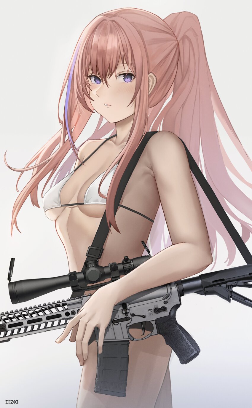 1girl absurdres alternate_costume ar-15 artist_name bare_shoulders bikini blush breasts collarbone commentary cozie178 english_commentary feet_out_of_frame girls&#039;_frontline gun highres holding holding_gun holding_weapon long_hair looking_at_viewer multicolored_hair open_mouth pink_hair ponytail purple_eyes rifle sidelocks simple_background small_breasts sniper_rifle solo st_ar-15_(girls&#039;_frontline) standing swimsuit two-tone_hair weapon white_background white_bikini