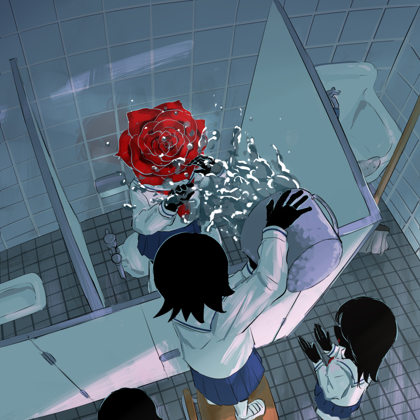 4girls absurdres avogado6 black_hair black_skin blue_skirt bucket bullying chair colored_skin faceless faceless_female flower from_above highres multiple_girls neckerchief object_head on_chair original red_flower red_neckerchief red_rose rose sailor_collar school_uniform serafuku shirt shoes sink skirt squat_toilet standing standing_on_chair tile_floor tile_wall tiles toilet_stall water white_sailor_collar white_shirt white_shoes
