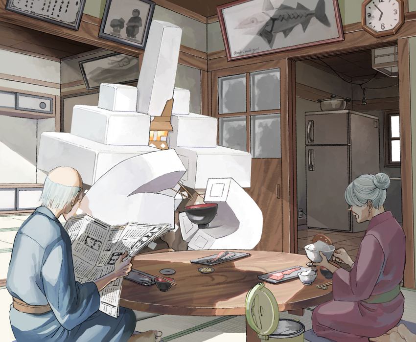 1boy 1girl bald barefoot bowl chopsticks clock commentary_request food garganacl grey_hair hair_bun highres holding holding_bowl holding_chopsticks indoors japanese_clothes kimono mukiguri nacli newspaper nintendo old old_man old_woman pokemon pokemon_(creature) purple_kimono refrigerator rice_bowl rice_cooker short_hair sitting slice_of_life table veluza