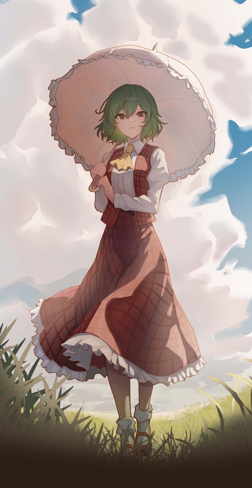 1445286239 1girl absurdres ascot buttons chinese_commentary cloud collared_shirt commentary_request frilled_skirt frilled_umbrella frills full_body grass green_hair highres holding holding_umbrella kazami_yuuka long_sleeves outdoors plaid_clothes plaid_skirt plaid_vest red_eyes red_shoes red_skirt red_vest shirt shoes short_hair skirt sky socks solo standing touhou umbrella vest white_shirt white_socks yellow_ascot