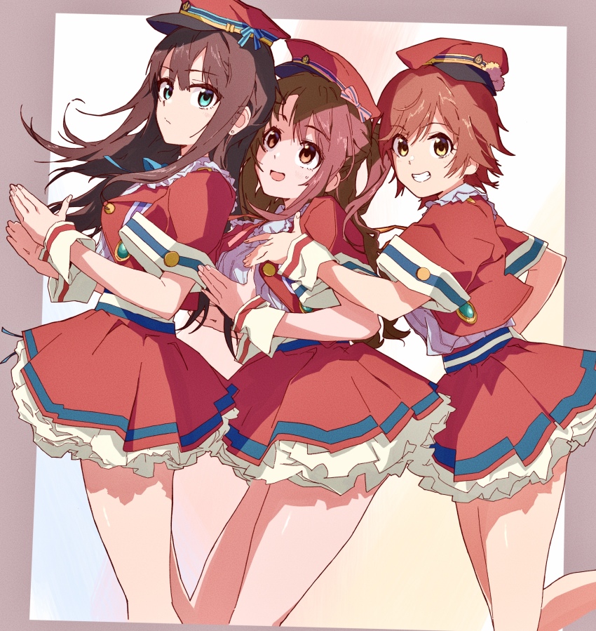 3girls :o absurdres bare_legs black_hair bloom_into_me15 brown_hair dekitate_evo!_revo!_generation!_(idolmaster) expressionless feet_out_of_frame frilled_skirt frills grin highres honda_mio idol idolmaster idolmaster_cinderella_girls looking_at_another looking_at_viewer multiple_girls new_generations_(idolmaster) one_side_up red_headwear shibuya_rin shimamura_uzuki short_sleeves simple_background skirt smile straight_hair wrist_cuffs