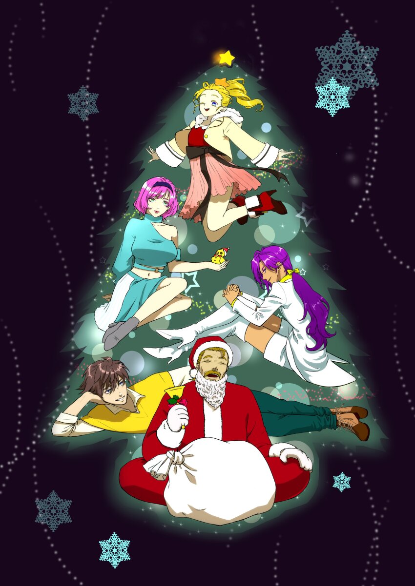 2boys 3girls absurdres blonde_hair breasts brown_hair bartz_klauser christmas christmas_tree dress facial_hair faris_scherwiz final_fantasy final_fantasy_v full_body galuf_halm_baldesion hat highres krile_mayer_baldesion_(ff5) large_breasts lenna_charlotte_tycoon long_hair looking_at_viewer multiple_boys multiple_girls mustache navel one_eye_closed open_mouth pink_hair ponytail purple_hair santa_costume santa_hat short_hair smile umi_kano