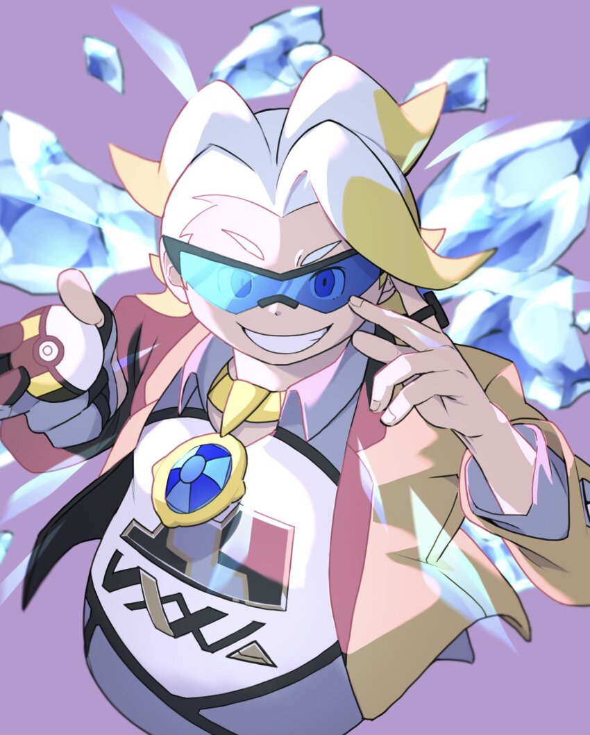 1boy black-framed_eyewear blonde_hair blue-tinted_eyewear blue_eyes brown_jacket collared_shirt commentary_request game_freak gordie_(pokemon) grey_shirt grin hands_up highres holding holding_poke_ball jacket jewelry male_focus mira_(miramita8727) multicolored_hair necklace nintendo open_clothes open_jacket poke_ball pokemon pokemon_swsh purple_background shirt short_hair smile solo sunglasses teeth tinted_eyewear two-tone_hair ultra_ball upper_body